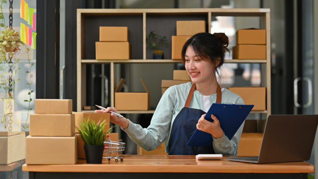 A woman business owner is looking over her stock; cardboard boxes on her desk.