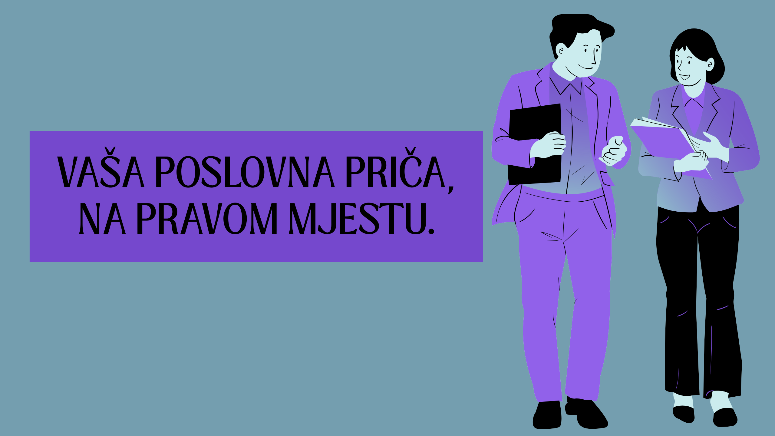 Two small business professionals talking about their success. A sign saying Your business story, truly heard is seen on the left.
