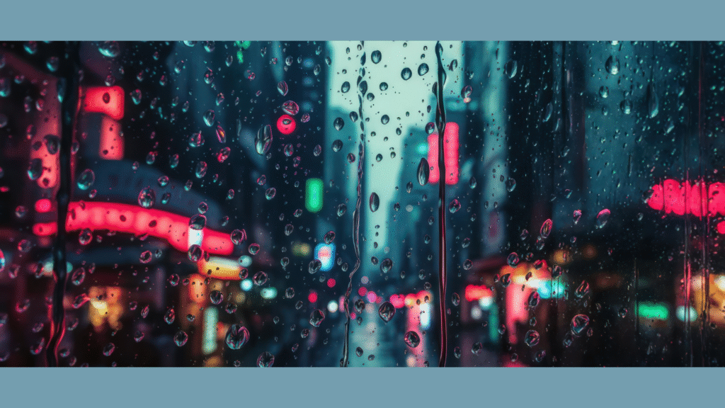 Rainy city viewed from the street, signifying the meaning of word sonder