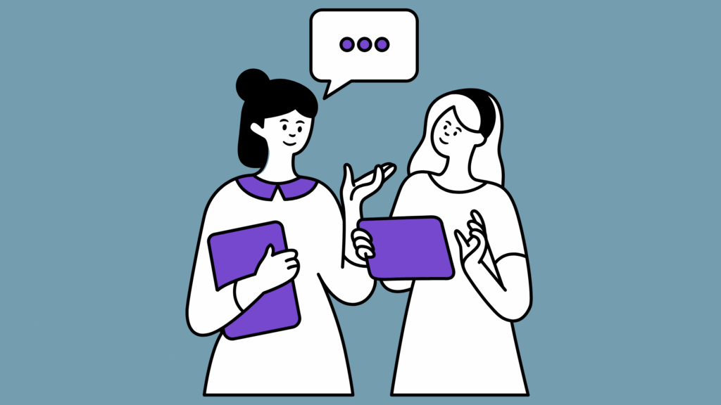 A graphic of two people having a marketing consulting session for a small business.