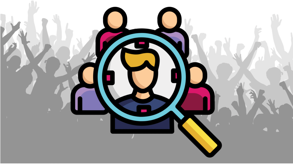 Graphic showing a target client through a magnifier lense, behind them are other leads and then grey audience that isn't the one targetted.